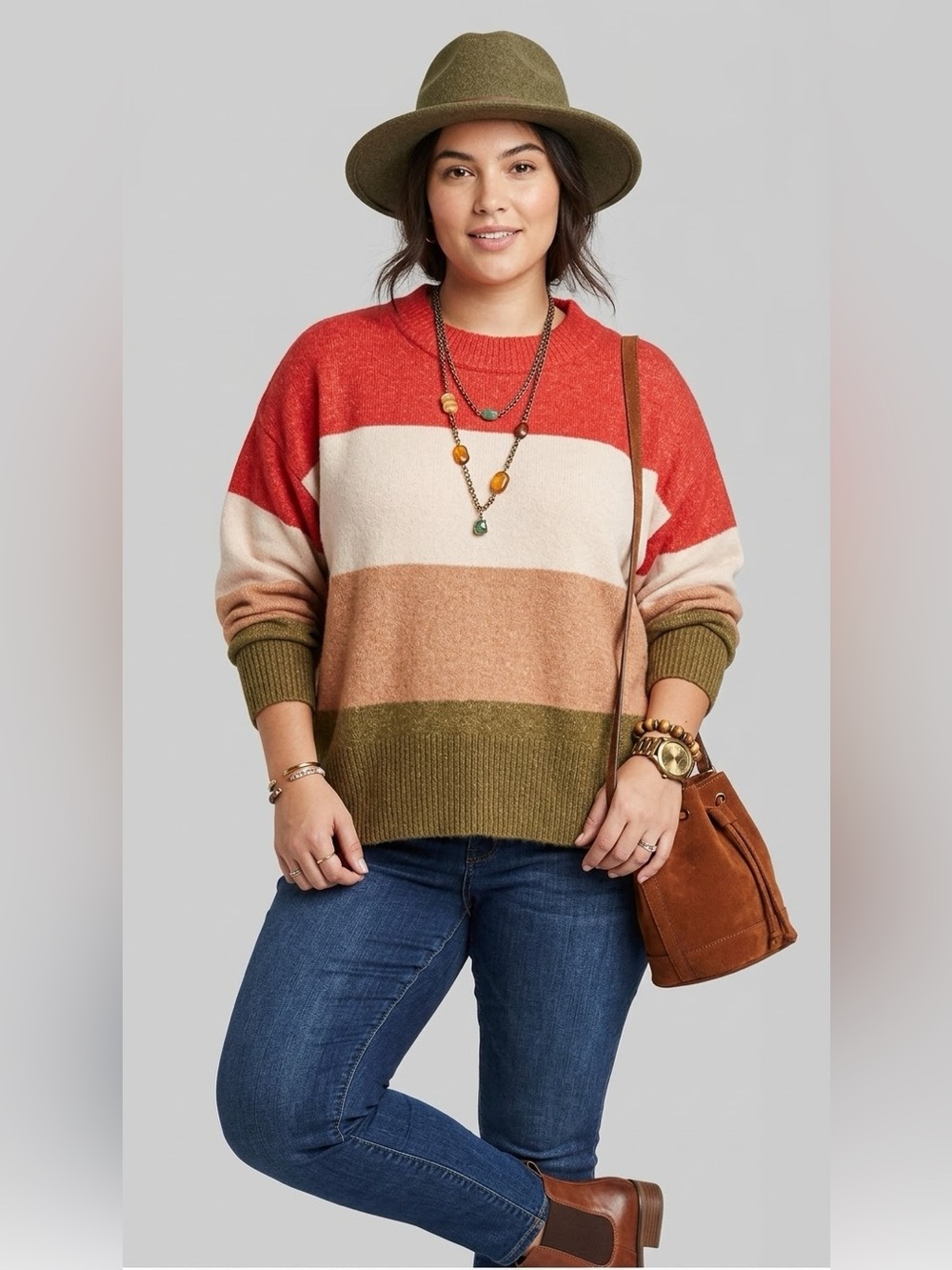 A New Day Colorblock Crewneck Sweater Red Cream Brown Olive Size S